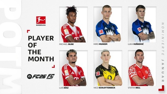 德甲1月最佳球员候选：奥利塞、迪亚斯领衔，汉堡2人入选